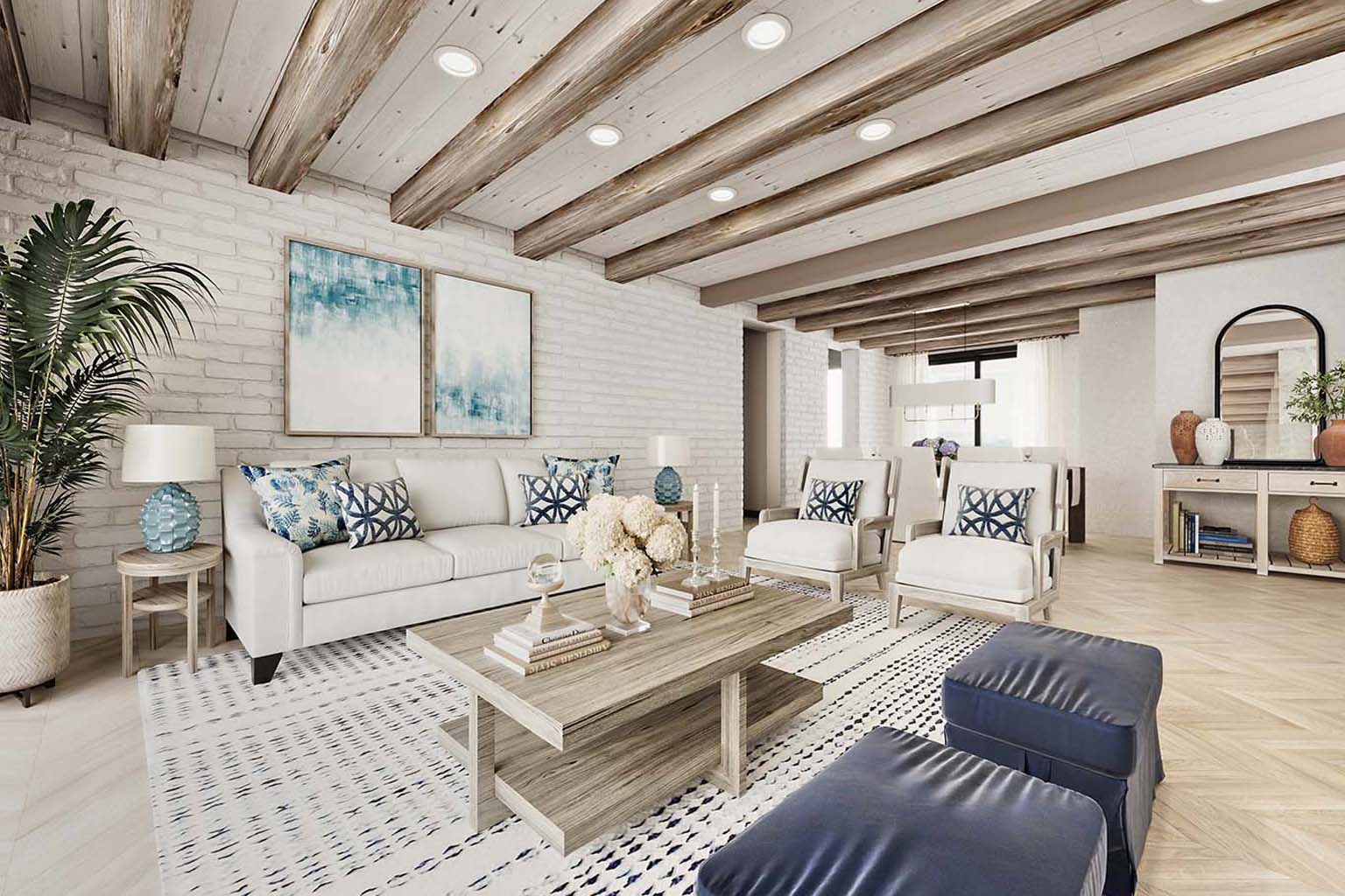 Hamptons style virtual staging with light, airy coastal decor and blue tones by Virtual HomeZen.