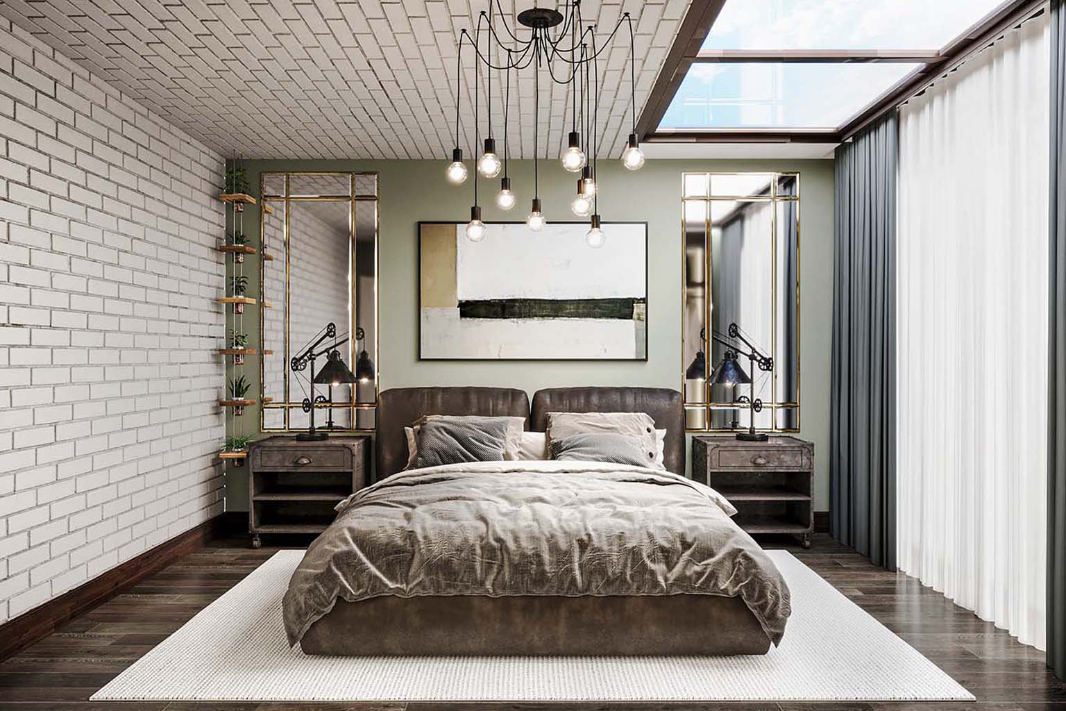 Industrial style virtual staging perfect for bedrooms, featuring metal accents and exposed brick textures by Virtual HomeZen.