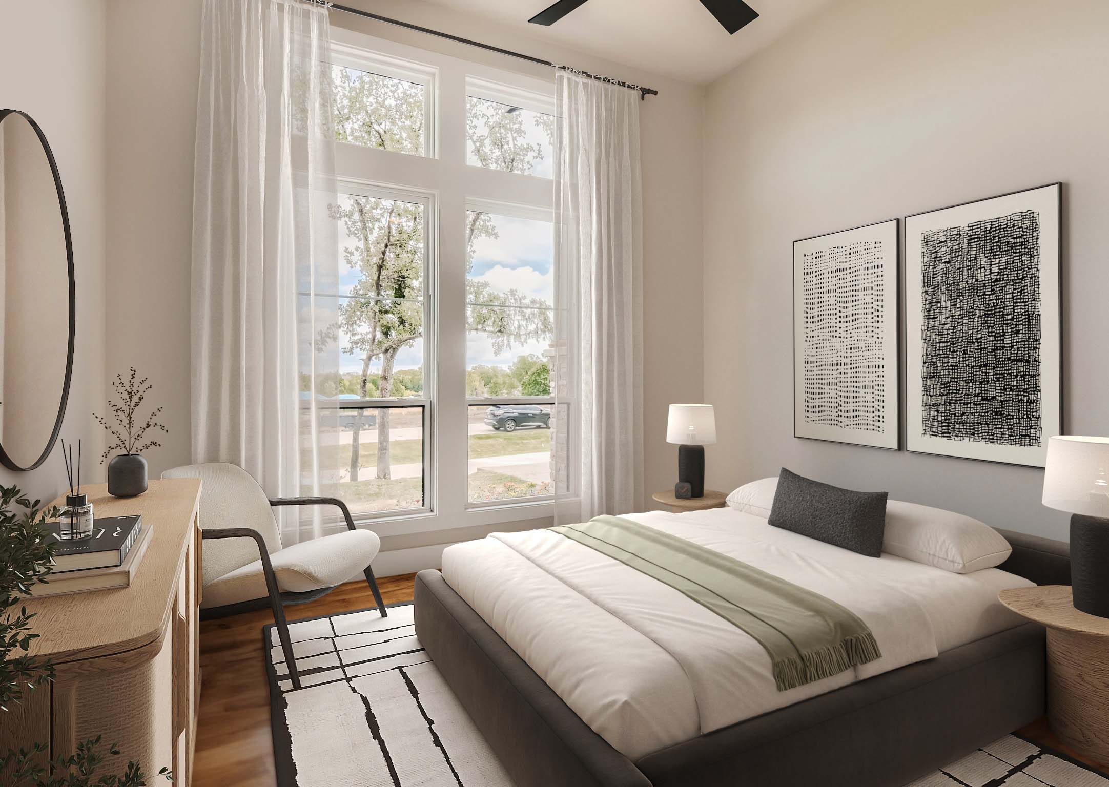 Sophisticated Japandi bedroom with a dark grey upholstered bed, graphic black and white area rug, and wood accents by Virtual homeZen.