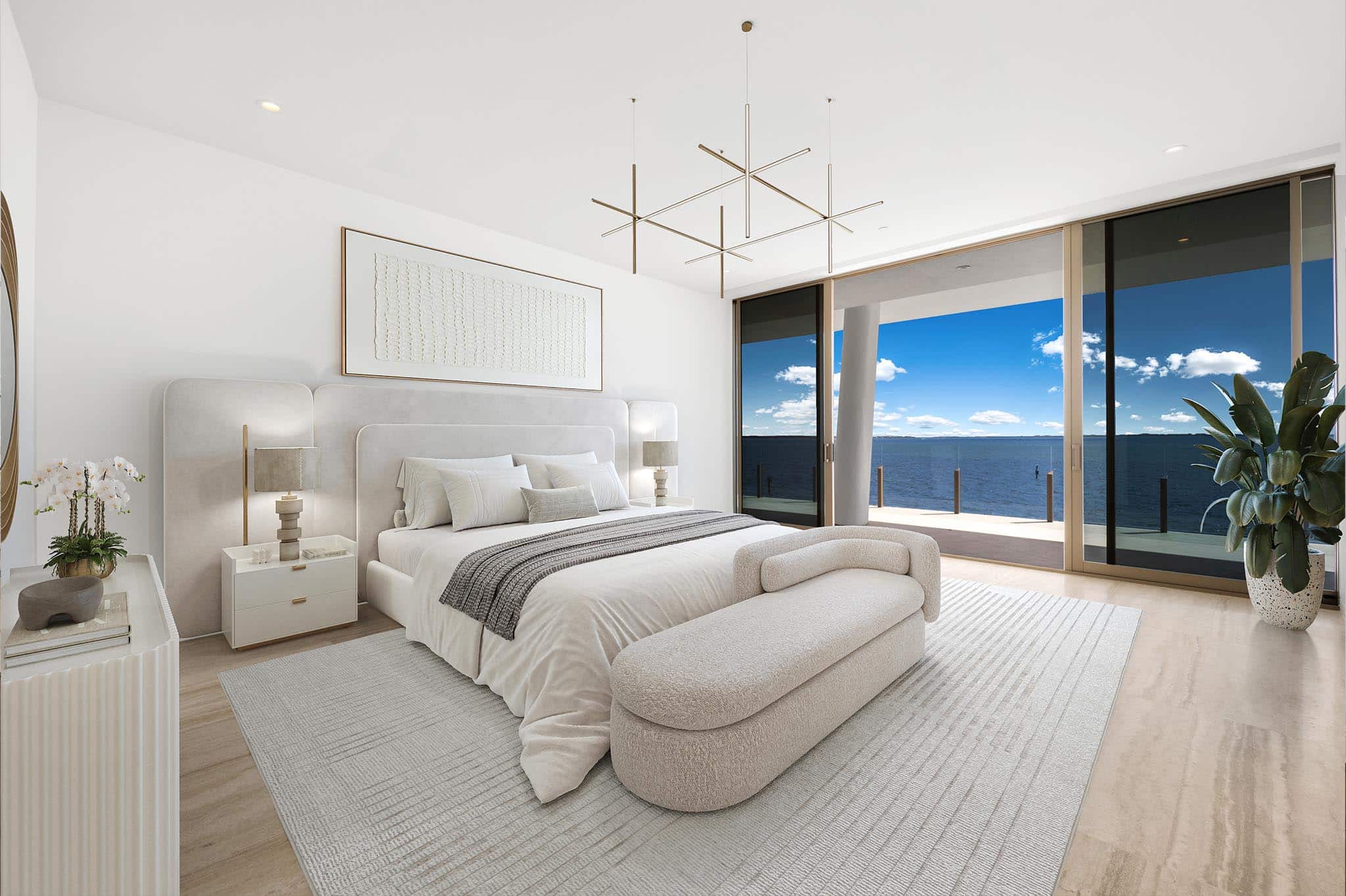 Upscale master bedroom virtual staging showcasing a luxury king-size bed, designer lighting, and sophisticated wall decor.